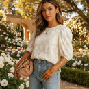 Women's elegant floral print fashion top front view in white