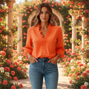 Women's elegant ruffle detail blouse front view in green