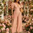 Women's elegant tailored long formal jumpsuit front view in pink
