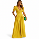 Women's elegant tailored long formal jumpsuit front view in yellow