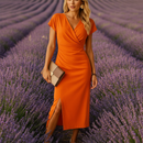 Women's elegant V-neck midi dress with front slit front view