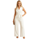 Women's elegant wrap front wide leg jumpsuit front view in khaki