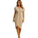 Full-length view of women's elegant wrap midi dress