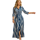 Women's long short sleeve summer maxi dress front view in striped blue