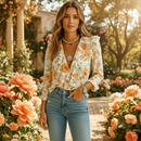 Women's long sleeve ruffle butterfly print blouse front view in orange
