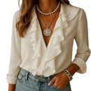 Women's long sleeve ruffle butterfly print blouse front view in white