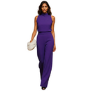 Women's sleeveless halter neck high waist wide leg jumpsuit front view in navy