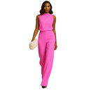Women's sleeveless halter neck high waist wide leg jumpsuit front view in red