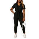 Button closure detail on women's elegant jumpsuit