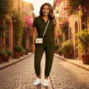 Women's tailored button front elegant jumpsuit front view