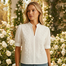 Women's white button front elegant collared blouse front view