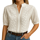 Full front view of women's white collared blouse