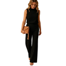Women's wide leg round neck elegant jumpsuit front view in black