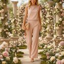 Women's wide leg round neck elegant jumpsuit front view in pink