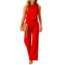 Women's wide leg round neck elegant jumpsuit front view in red